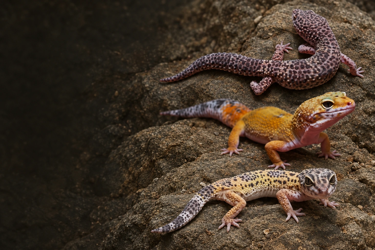 Tiga Leopard Gecko bercorak totol dan berwarna jingga di atas batu